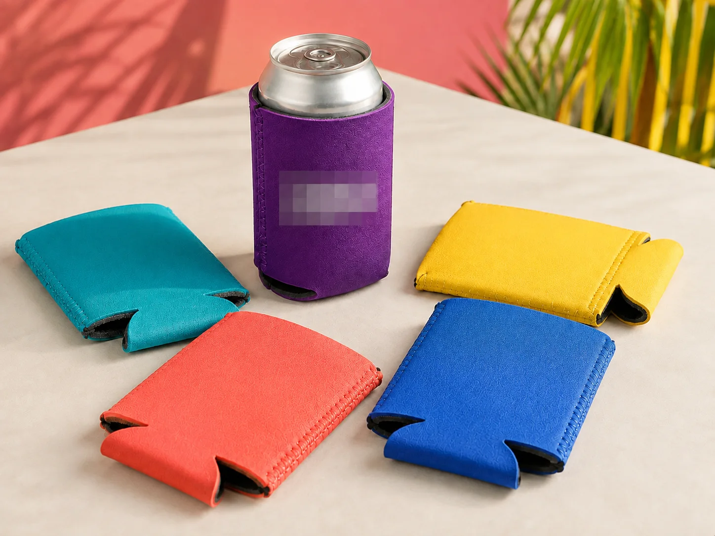Five-color fold-flat neoprene can cooler project for a Texas event