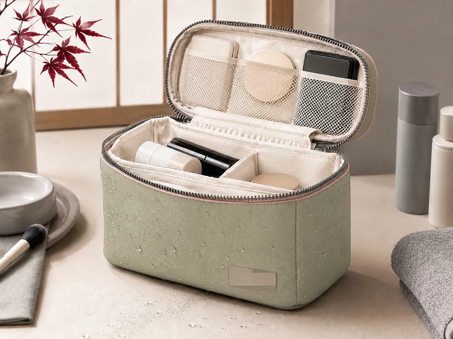 Water-repellent multi-compartment neoprene cosmetic organizer for Osaka