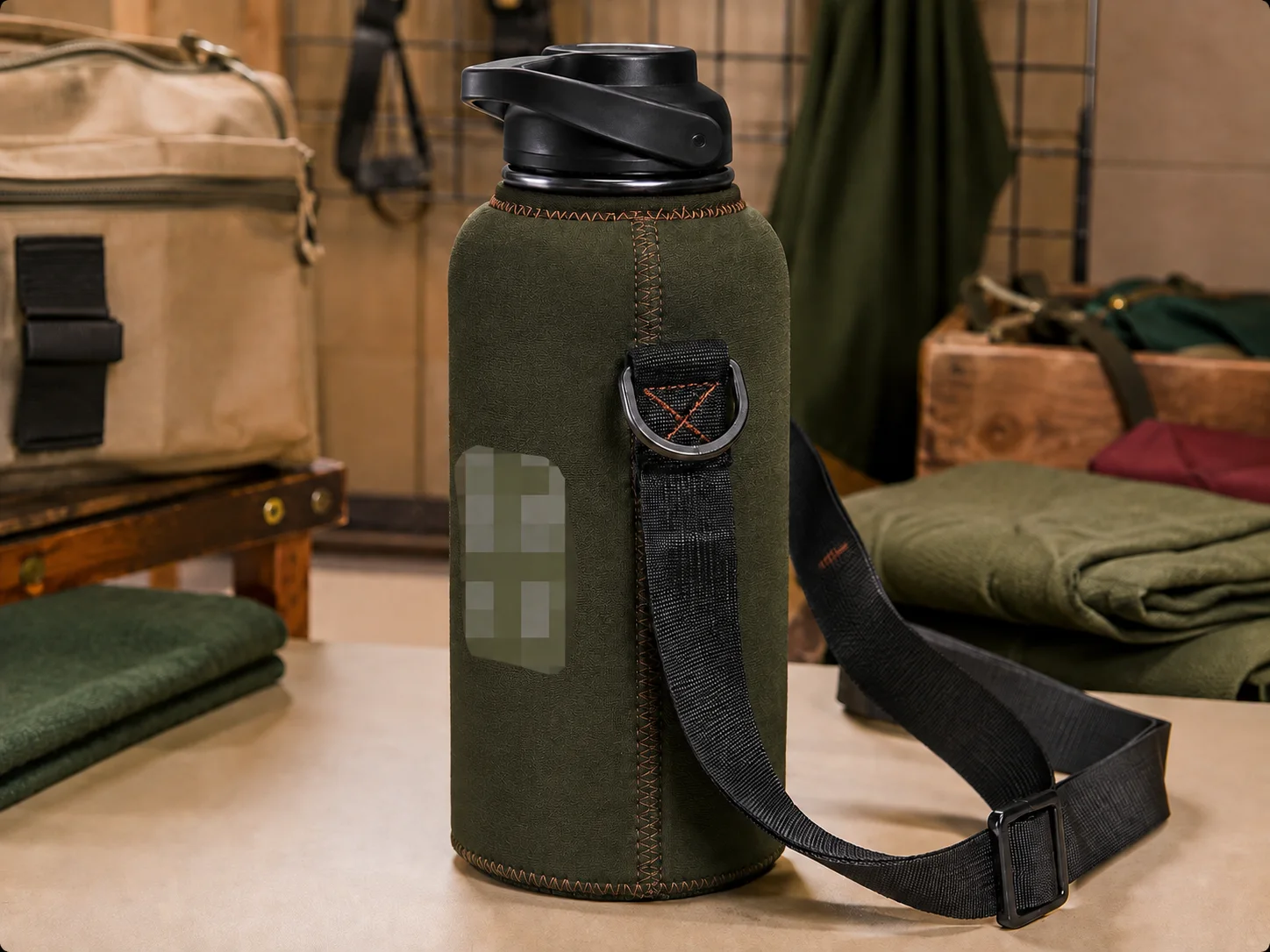 Crossbody neoprene bottle carrier with reinforced D-ring connection for Japan